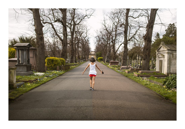 A person walking along a tree-lined path